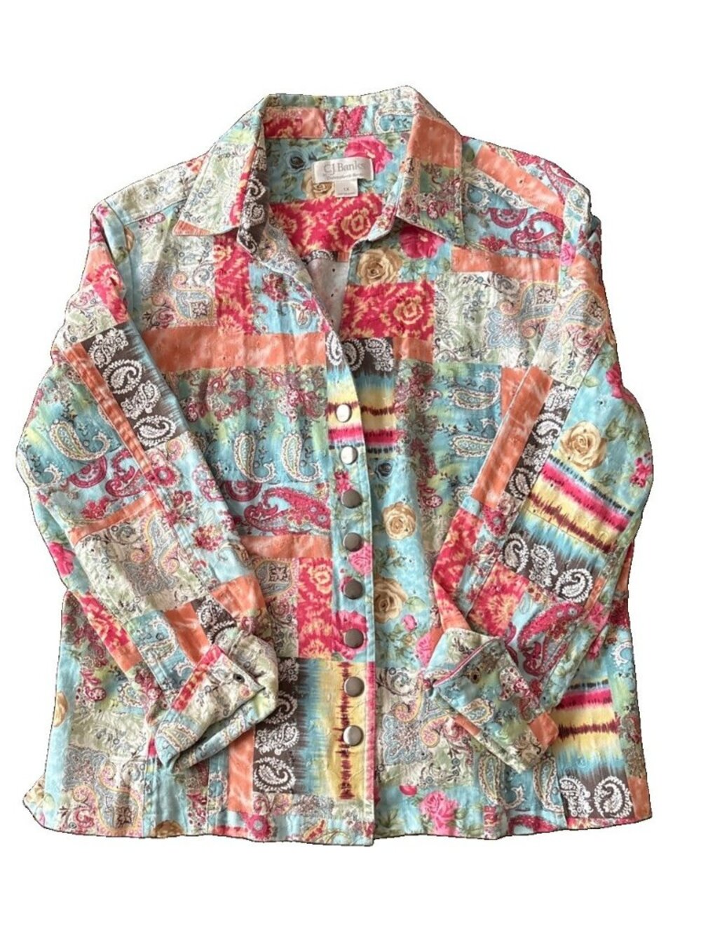 🌸 C.J. Banks Patchwork multi-color Paisley Floral Women’s Sz. 1X Blazer 🌸